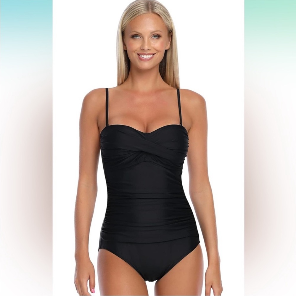 RELLECIGA Black Ruched Mid-Rise Bandeau Swimsuit with Removable Straps